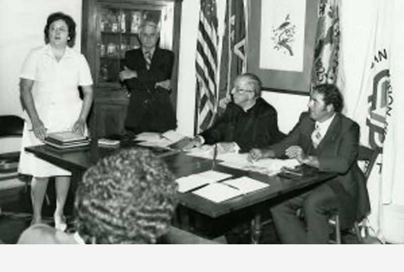Charter Signing of the Jefferson Historical Society  August 15, 1977 - The Charter for the Jefferson Historical Society is signed at Derbigny Plantation at Nine Mile Point on the West Bank  L-R: Gertrude M. Beauford, Chris A. Lochbaum, Msgr. Henry C. Bezou, & Everette F. Gauthreaux